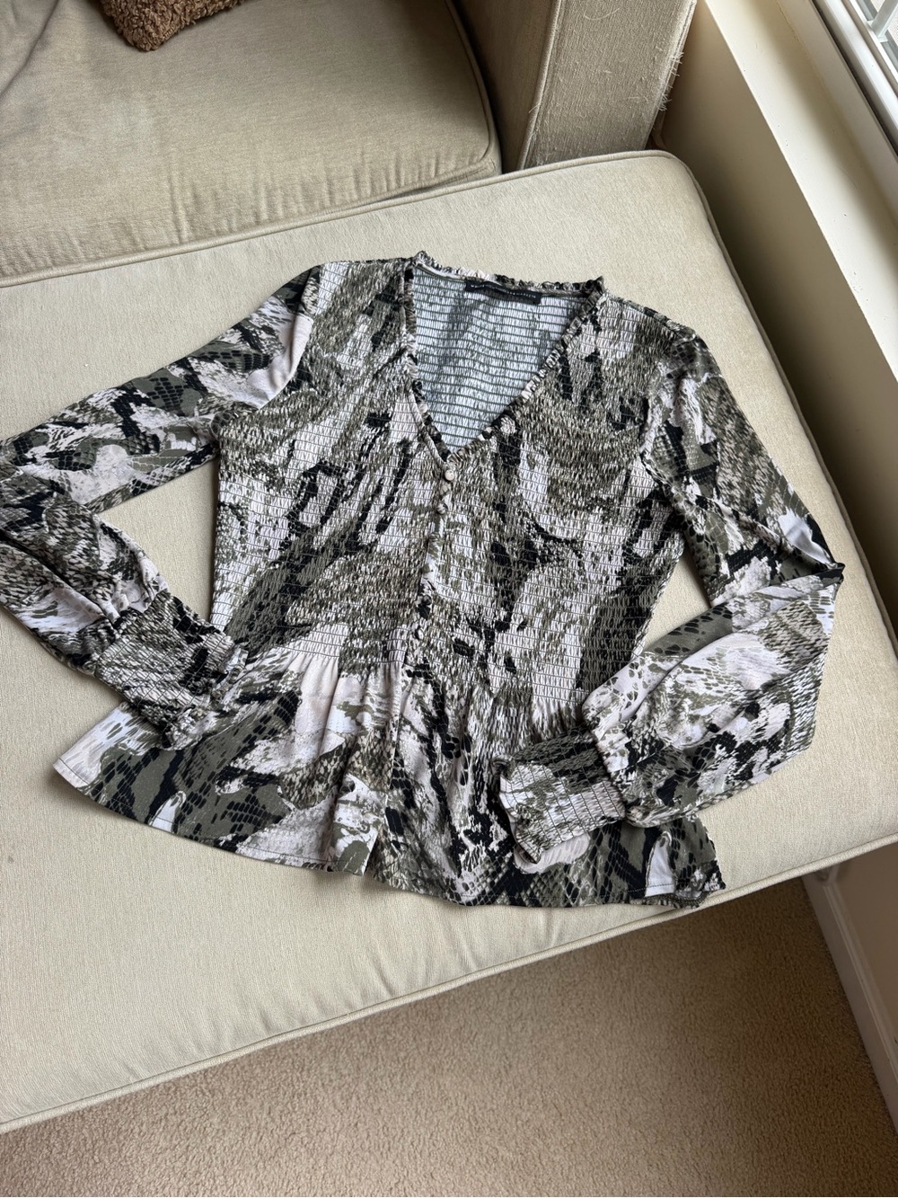 White House Black Market Black Gray White Smocked V-Neck Peplum Blouse